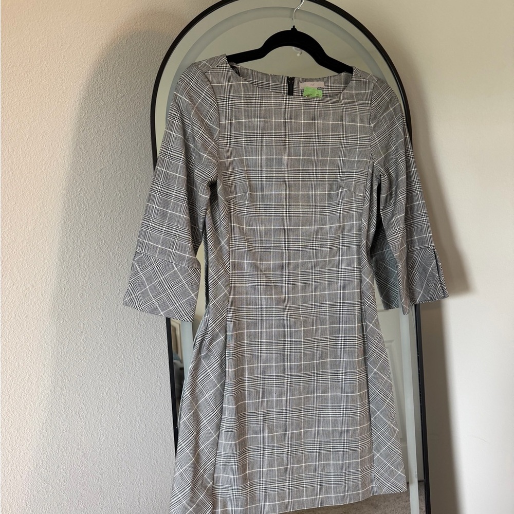 H&M Gray Plaid Long-Sleeve Sheath Dress